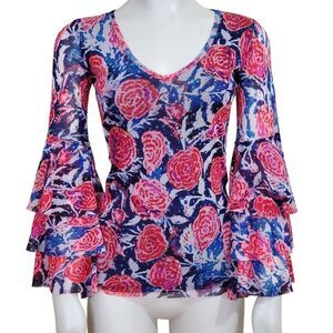 Fuzzi‎ Jean Paul Gaultier Mesh Top Fits Size S Roses Tiered Bell Sleeves Fairy